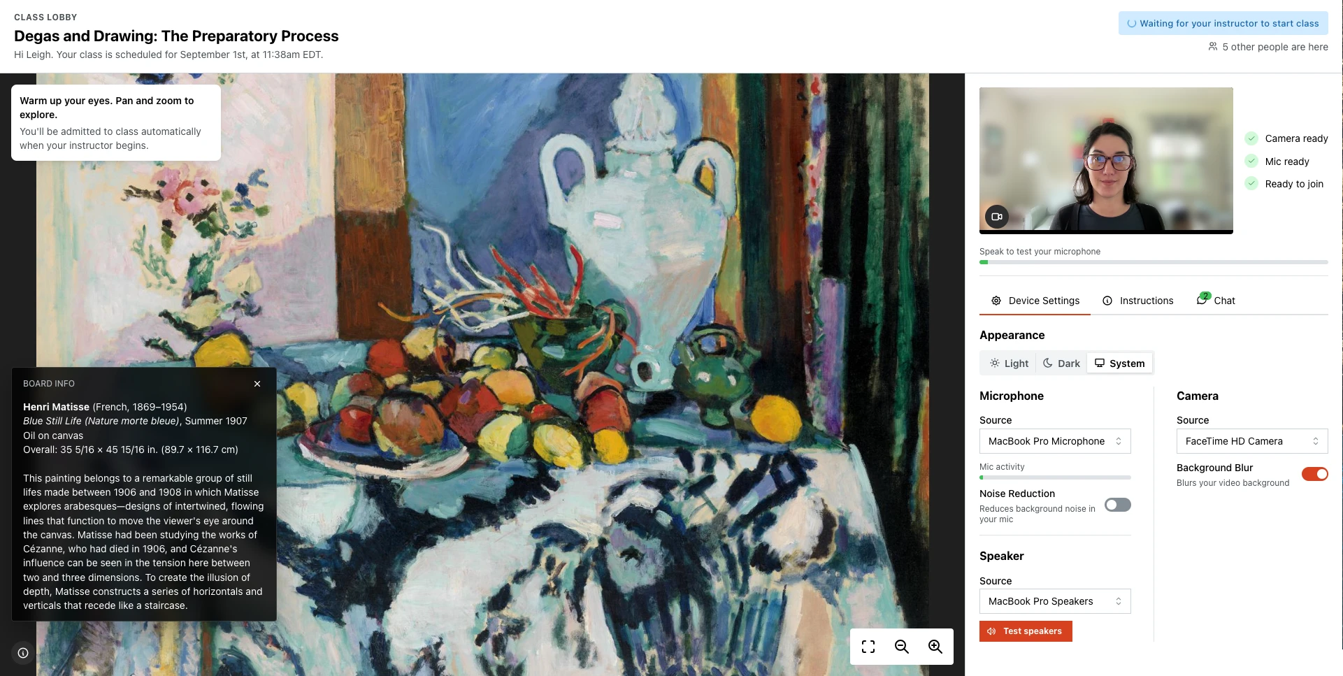 The waiting room for a class called Degas and Drawing. A Matisse still life fills the left of the screen, with a card giving its title, date, medium and a paragraph about the work, and zoom controls beneath it. On the right, a camera preview sits above green ticks reading Camera ready, Mic ready and Ready to join, a microphone level bar, and tabs for Device Settings, Instructions and Chat, the Chat tab showing two unread messages. A banner across the top says the class is waiting for the instructor to start.