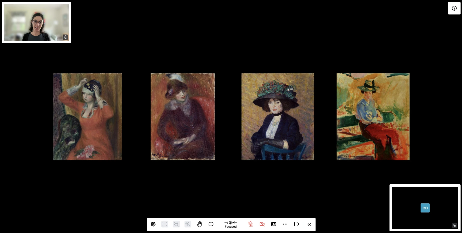 A live class. Four portraits of women hang side by side against a black background. A small video of the instructor sits in the top left corner and the student's own video tile in the bottom right. A row of controls runs along the bottom of the screen and a help button sits in the top right.