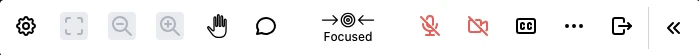 A close crop of the student control bar showing, left to right: a settings cog, full screen, zoom out, zoom in, a raised hand, a chat bubble, an indicator reading Focused, a crossed-out microphone, a crossed-out camera, a CC button, a three-dot menu, an exit arrow, and a collapse arrow.