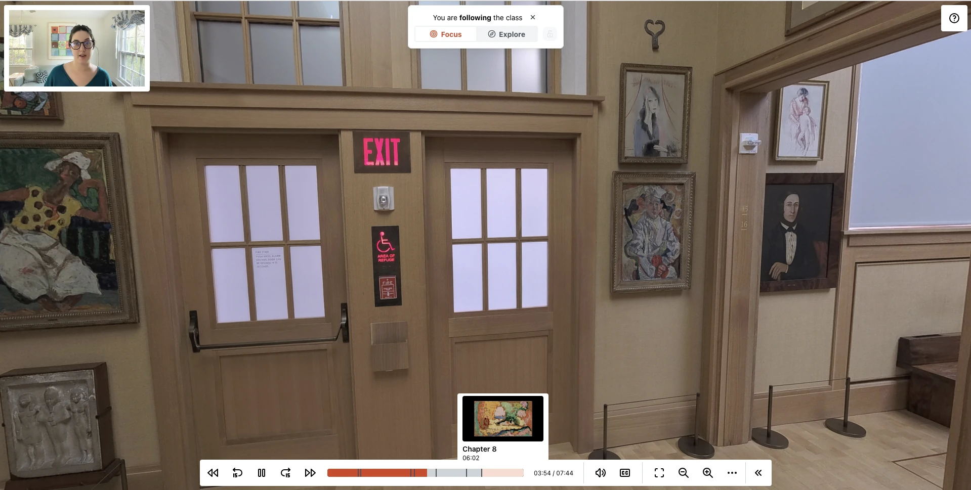 A replay in progress. A 360-degree view of a Barnes gallery, its walls hung with paintings, fills the screen. A small video of the instructor sits in the upper left corner. A pill across the top reads 'You are following the class' with Focus and Explore buttons beneath it. Along the bottom, a toolbar with playback controls, a progress bar divided into chapters, a chapter preview card open above it showing a painting and 'Chapter 8', a time readout of 03:54 / 07:44, and volume, caption, fullscreen and zoom controls.
