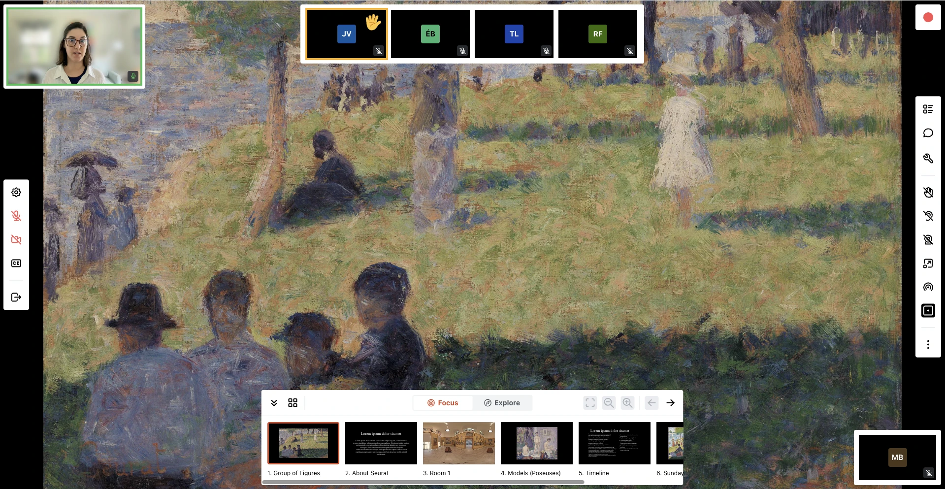 A live class filling a browser window. Seurat's Group of Figures — figures seated and standing on sunlit grass under trees, a woman in white at the right — fills the screen. The instructor's video sits in the top left corner and four student tiles showing initials run along the top, one with a raised hand, beside a red recording dot. Narrow toolbars run down both edges, and along the bottom a Focus and Explore switch sits above a strip of numbered board thumbnails.