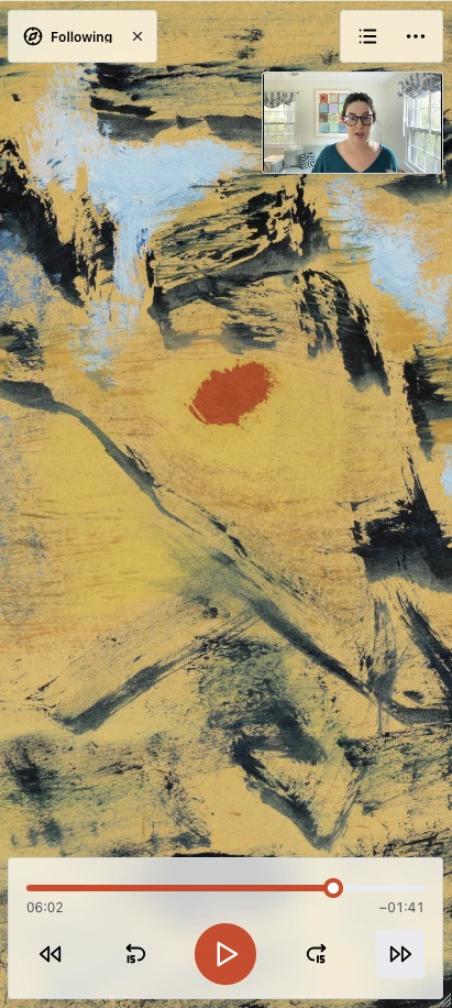 A recorded class open in a phone browser, held upright. A painting fills the screen, zoomed close on yellow and black brushwork. The instructor's video sits in the top right corner, a chapter list and a menu beside it, and a label reading Following in the top left. Along the bottom are a progress bar, the time elapsed and remaining, and five round buttons: previous chapter, back fifteen seconds, play, forward fifteen seconds, next chapter.