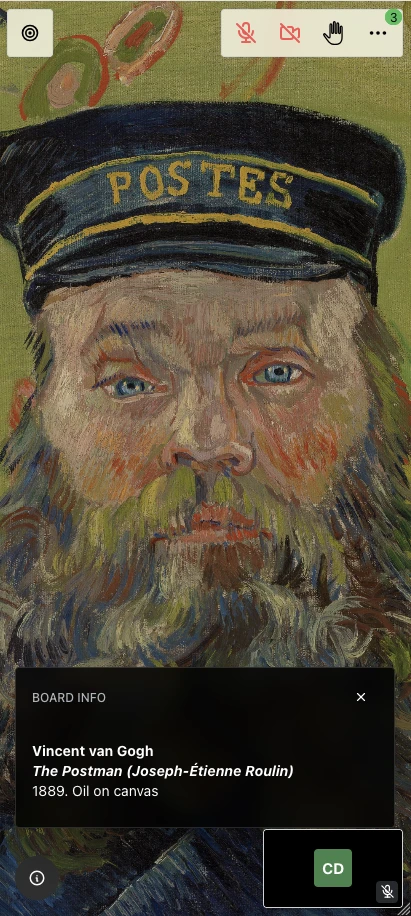 A live class open in a phone browser, held upright. Van Gogh's portrait of the postman Joseph Roulin fills the screen, zoomed in close on his face and cap. A bar across the top right holds a muted microphone, a switched-off camera, a raised hand, and a menu badged with three unread chat messages. A panel along the bottom gives the painting's artist, title and date, and the viewer's own tile sits in the corner.