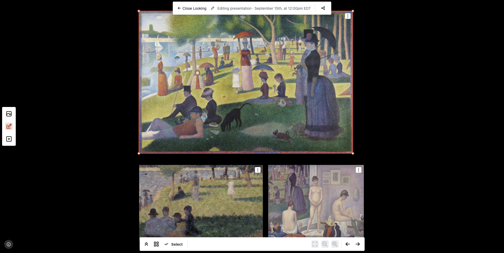 A board being edited. Three works by Seurat sit against a black background: A Sunday on La Grande Jatte large across the top, and below it a study of figures on grass beside Models (Poseuses). The top one is ringed in orange with a small square grip at each of its four corners, and each work carries a three-dot button in its top corner. A narrow toolbar at the left has its middle icon lit to show edit mode is on, and a bar across the top reads Editing presentation with the class date.